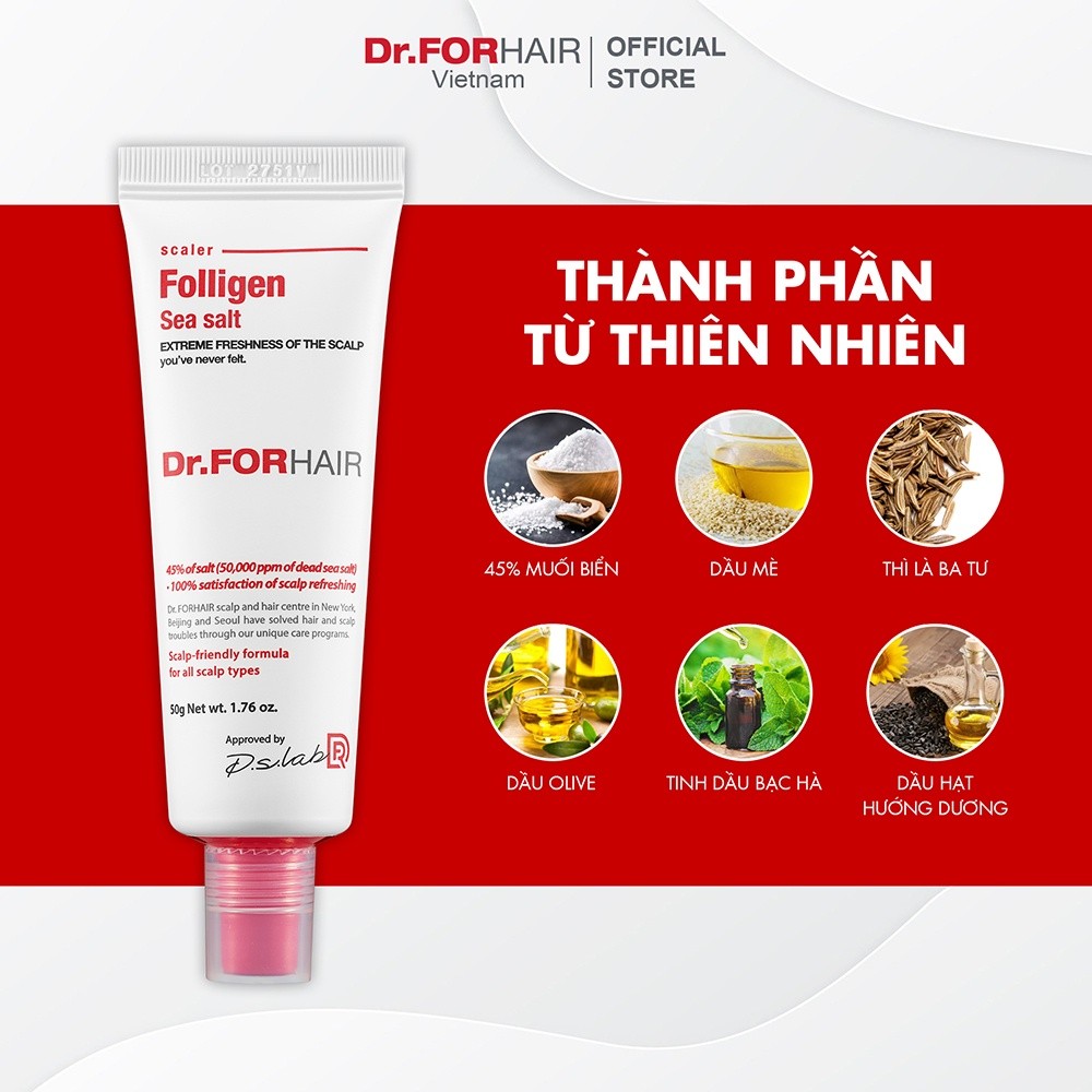 Muối tẩy tế bào chết da đầu, giúp giảm gàu, giảm rụng và hỗ trợ mọc tóc Dr.FORHAIR Sea Salt Scaler 50g